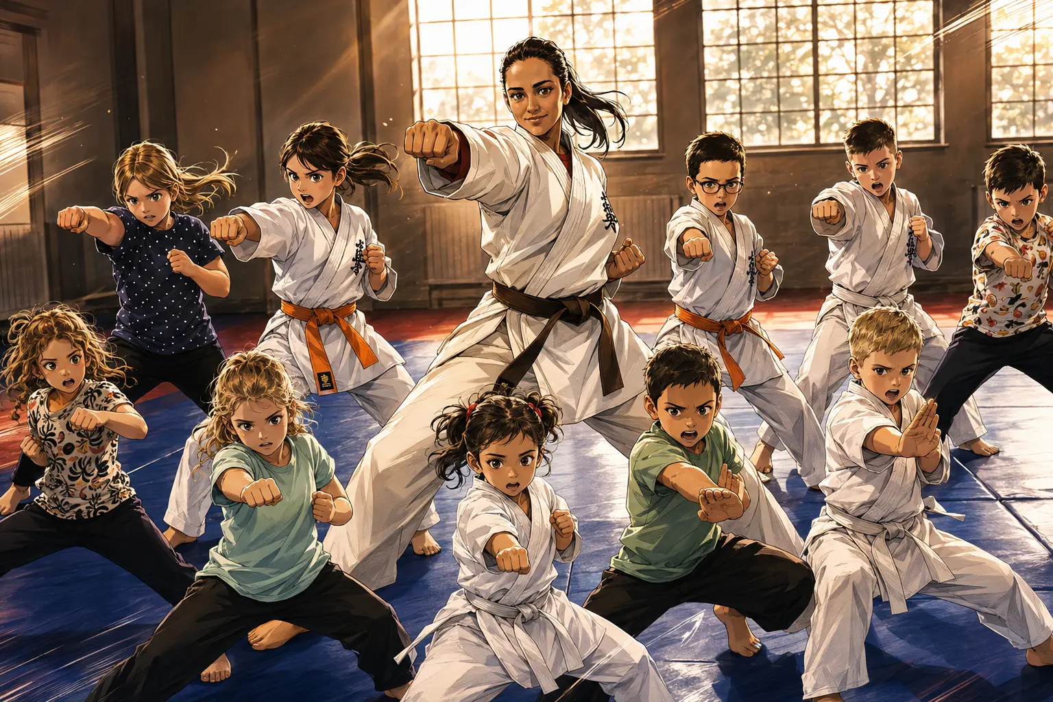 Enfants pendant un entraînement de karaté à Mons