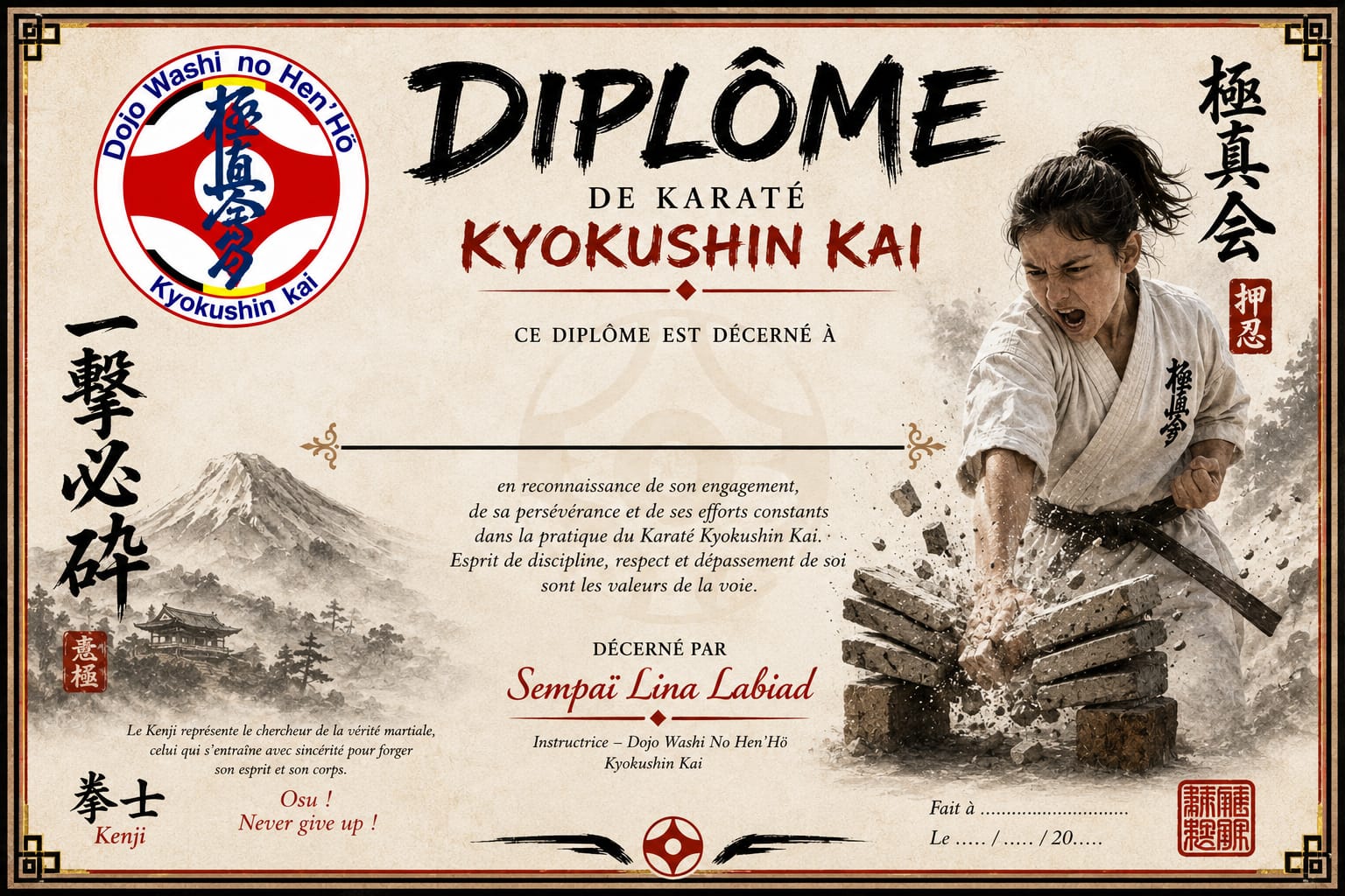Diplôme de Karaté Kyokushin Kai — Sempaï Lina Labiad